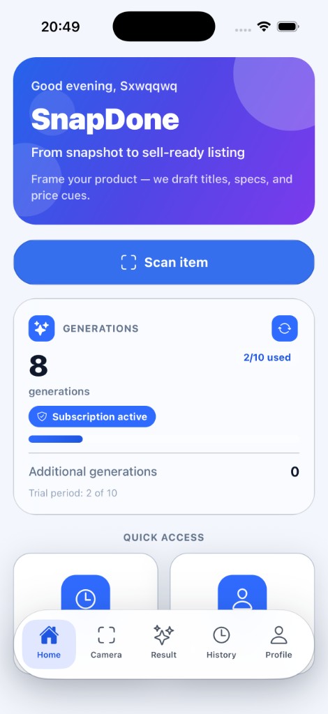 SnapDone home screen with Scan item button and blue gradient hero card