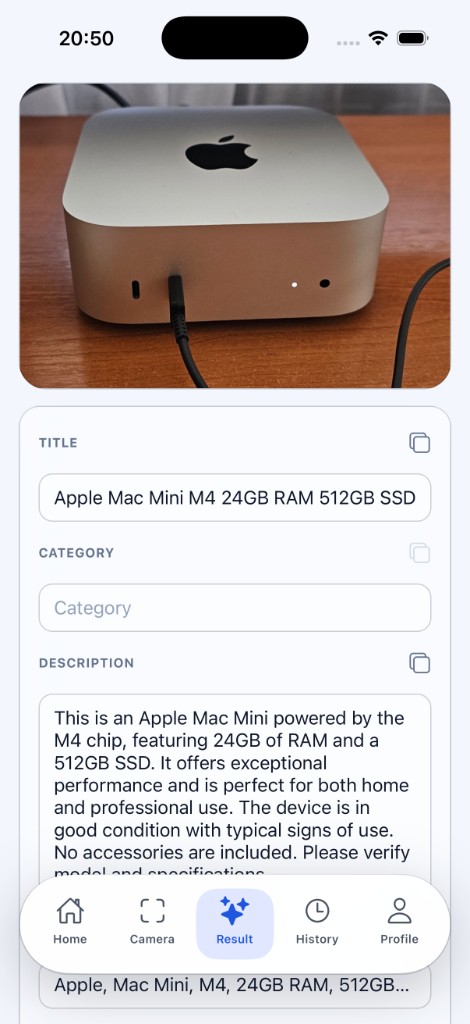 SnapDone result screen showing AI-generated title and description for Apple Mac Mini M4